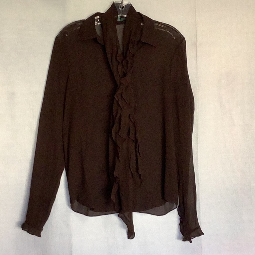 Ralph Lauren Silk Brown Ruffle Front Blouse with Silk Scarf